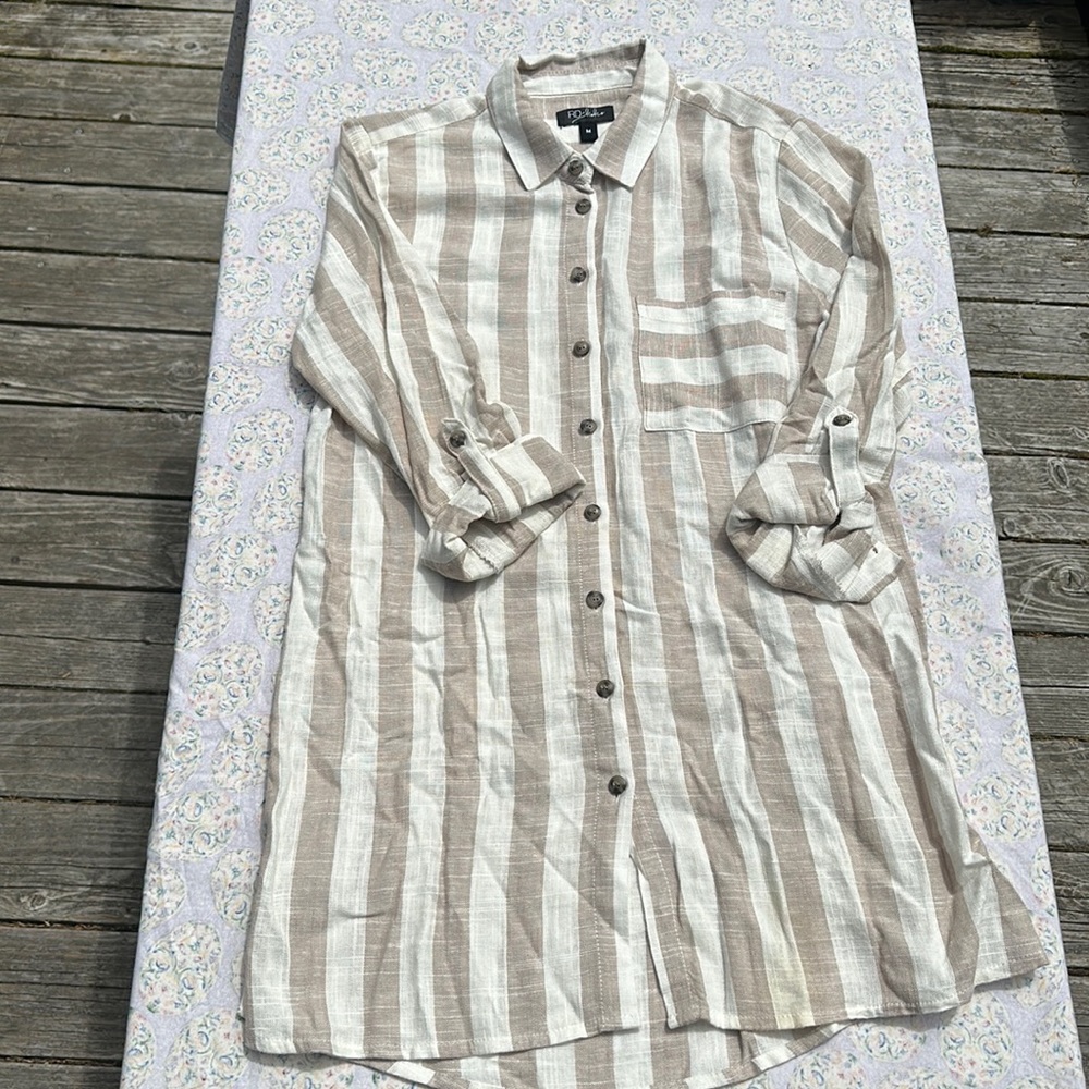 RD + Koko Linen Button Down long shirt wide striped beige & tan Size M